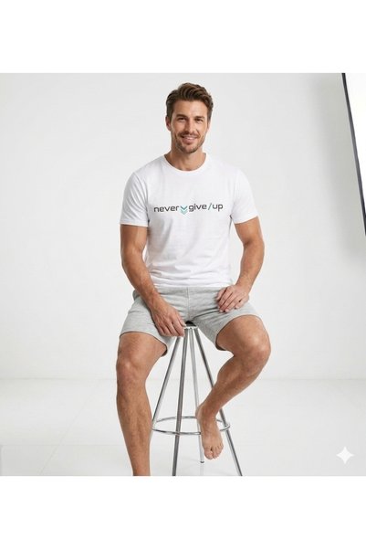 Duzor White Men's Shorts T-Shirt Set 100% Cotton Sports Fitness Gym Sea Beach Never Give up Print Comfortable Fit
