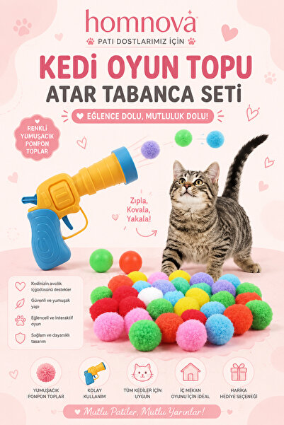 Homnova Kedi Oyun Topu Atar Tabanca Seti 30 Adet Yumuşak Ponpon Top