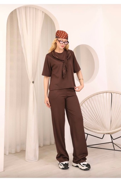 MODA Kahverengi dantel yaka bağlama detaylı altüst takım