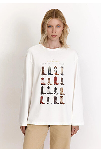 Jose Clothing White Printed Long Sleeve Cotton T-Shirt Suitable for Hijab