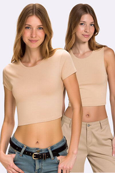 Pearlune Kadın 2'li Paket Kısa Kollu & Kolsuz Basic Crop Top Seti - %92 Pamuk...