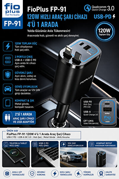 FİOPLUS FP-91 120W 4’ü 1 Arada Hızlı Araç Şarj Cihazı