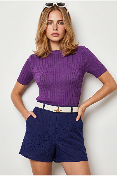 Olalook Women's Purple Hair Knitted Crew Neck Knitwear Blouse Blz-19003360