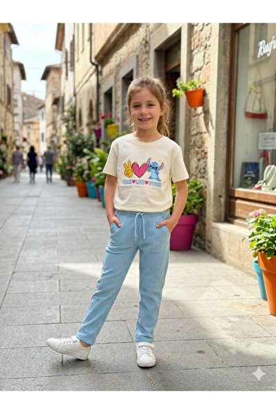 bubiee baby طقم تي شيرت قطني للفتيات مع بنطلون مخطط باللونين الأزرق والأبيض