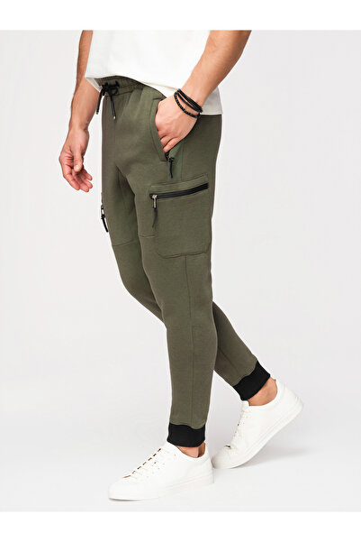 OMBRE Pánské jogger kalhoty s kapsami a stahovací šňůrkou OM-PASK-0222 Zelená