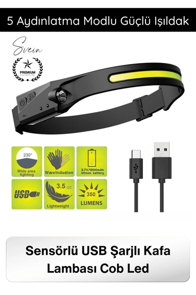 Svein #KafaFeneri Sensörlü USB Şarjlı Kafa Lambası COB LED 5 Aydınlatma Modlu...