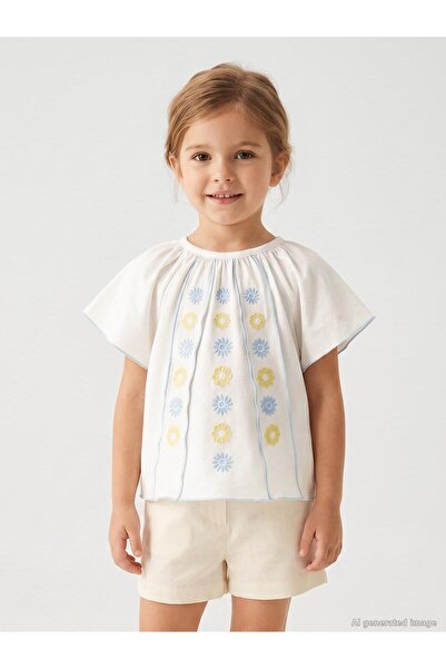 Civil Girls Tricou cu mâneci brodate cu flori și volane pentru copii de 2-5 a...