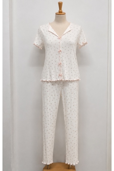Sude Women's Pointella Fabric Short Sleeve Ecru Pajama Set