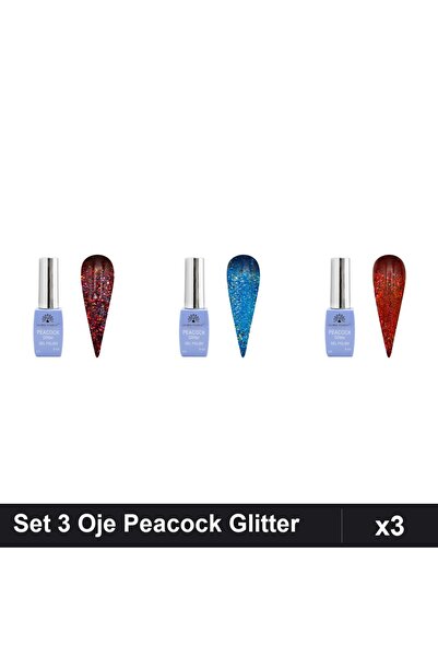 Makeup Set 3 Oje Semipermanente Peacock Glitter 8ml, Nuante 01 03 05, Manichi...