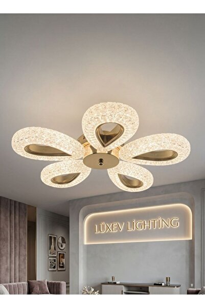 Lüxev Lighting Yağmur Model 5"li Gold 3 Renk Modu Ledli Modern Plafonyer Salo...