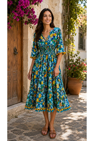 Butik Renkli ithal bohem otantik uzun elbise