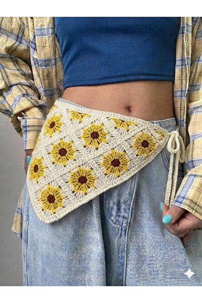 synshop Cream Yellow Knitted Sunflower Daisy Triangle Waist Bandana Women Boh...