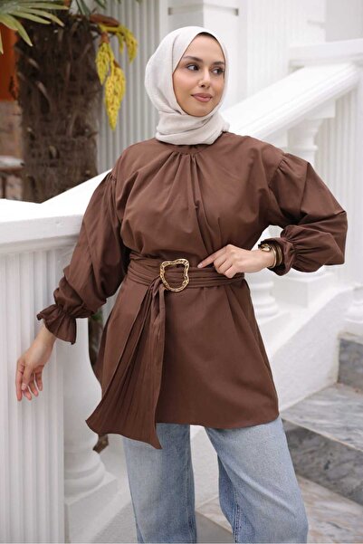 İmajButik Brown Elastic Cuffed Belted Shirt