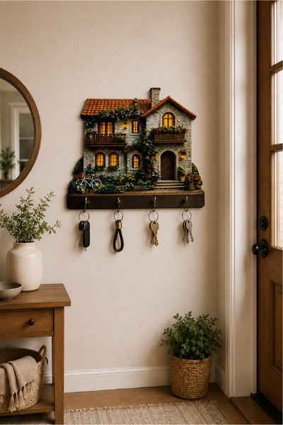 no77decor Taş Ev ve Bisiklet Temalı Dekoratif Duvar Askılı Anahtarlık – 3D Gö...