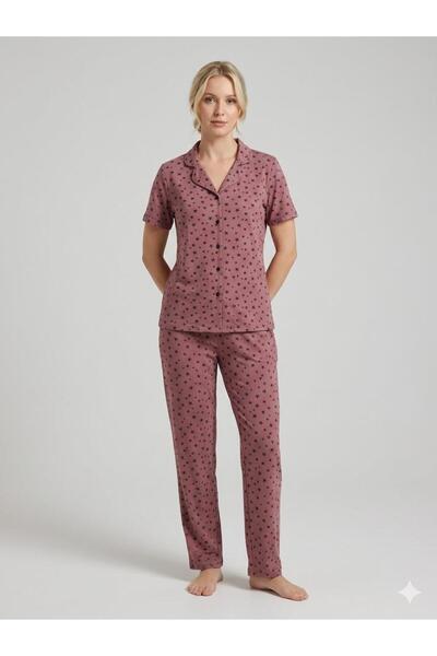 FAMES PİJAMA Summer Front-Buttoned Dark Powder Combed Cotton Pajama Set