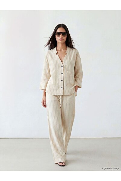 LC Waikiki بنطلون كتان نسائي مخطط بخصر مطاطي من LCW Modest