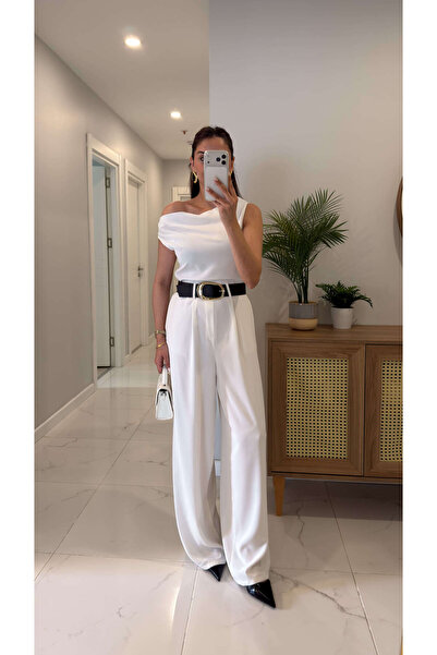 BİRCANÇİL Lansta White Belted Sleeveless Jumpsuit