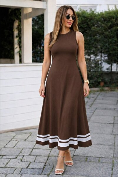 JANES Women's Strappy Round Neck Long Viscose Dress with Stripe Detail at the...
