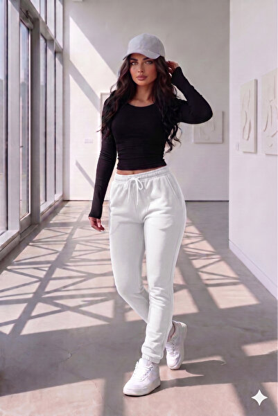 NO 601 Women's White Winter Elastic Leg 3 Thread Sweatpants