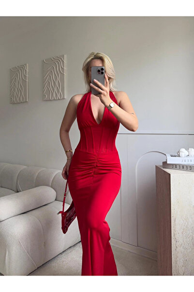 Zora Butik Güpür Korseli Maxi Elbise - KIRMIZI