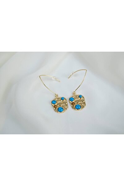 ATELİER TUĞBA Kp399 Turquoise Stone Hanging Gold Earrings (Length 50mm)