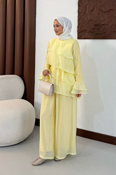 Tesettür Diyarı Miela Modal Tulle Fabric Lined Hijab Set - Yellow