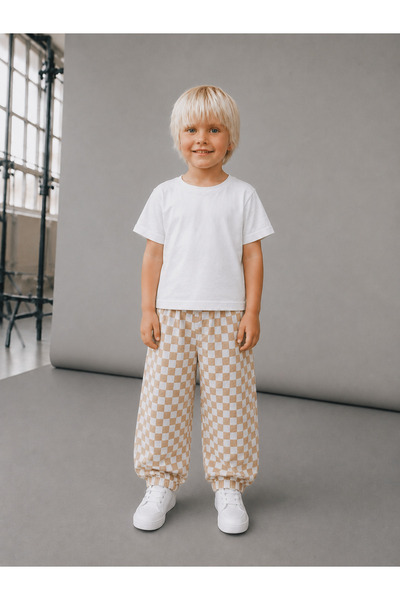 connemara Kids Unisex Square Patterned Balloon Fit Children's Pants Beige Whi...