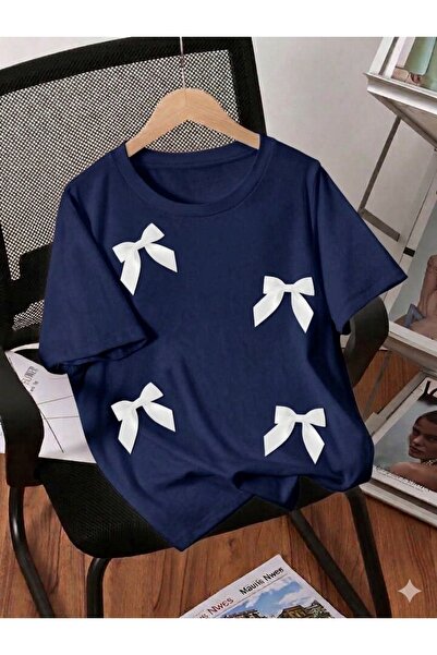 vinraus Kız Çocuk Lacivert 4 Kurdeleli Baskılı Günlük Rahat Tshirt
