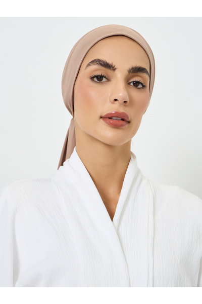 Take Two By Styli Beige Crystal Linen Pleated Tie Solid Hijab