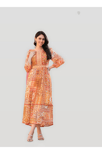 DESIQLO By Styli Orange Abstract Printed Chiffon Maxi Dress