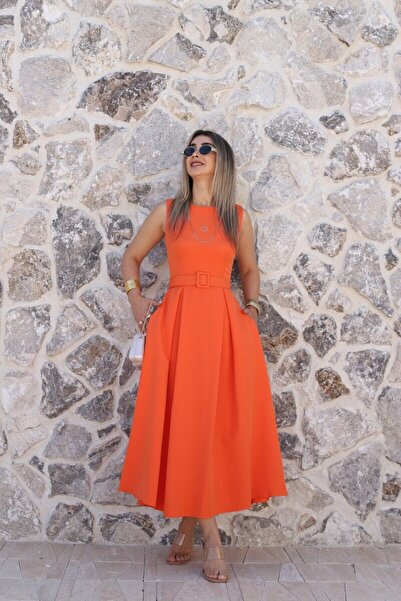 bytugcekaya Orange Halter Neck Belted Flared Dress