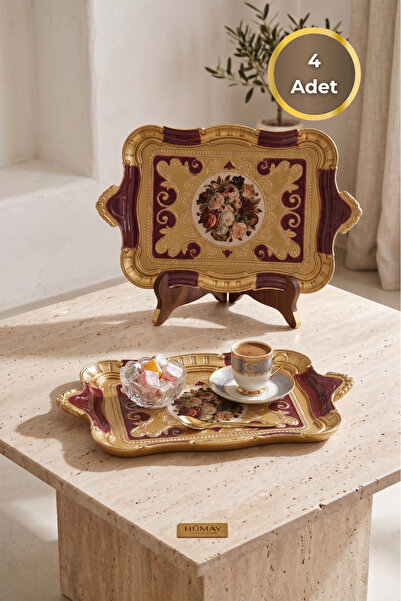 Sevinse Home Hümay Italian Rosewood Presentation Tray, Burgundy 4 Pieces