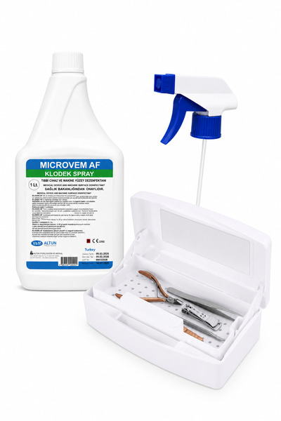 MICROVEM SPRAY DEZENFEKTAN SIVI 1 LT VE ÇİFT BÖLMELİ STERİLİZASYON KUTU SETİ