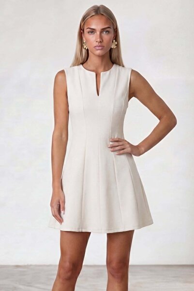 Trend Alaçatı Stili Women's White Slit Collar Waist-Slit Mini Length Woven Dr...