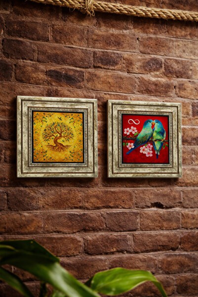 Sadrazam Couple Birds and Motif Tree of Life Symbol 25X25 cm Set of 2 Natural...