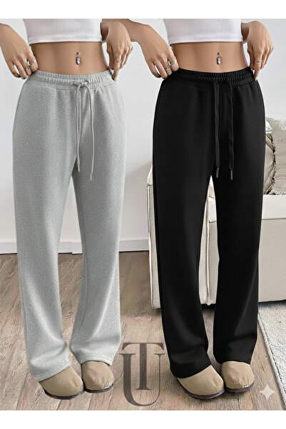 LAUSRA 2-Piece Women's Sweatpants Black&Gray Baggy Wide Leg Lace-Up Waistband...