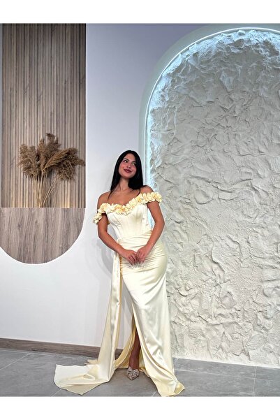 Kyra Studios Butter Yellow Sarı 1002 Çiçek Detaylı Abiye Elbise