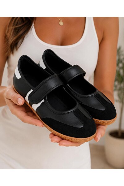 PLN SHOES Women's Black Velcro Roven Mary Jane Daily Sports Ballerina Shoes