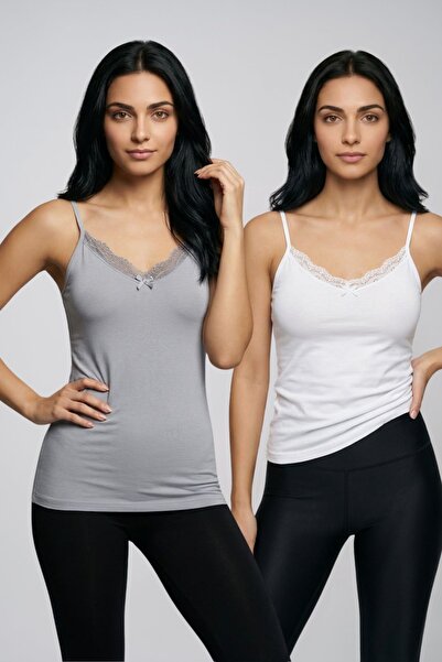 fevien 2-Pack Women's Cotton V-Neck Lace Detailed Thin Rope Strap Undershirt ...
