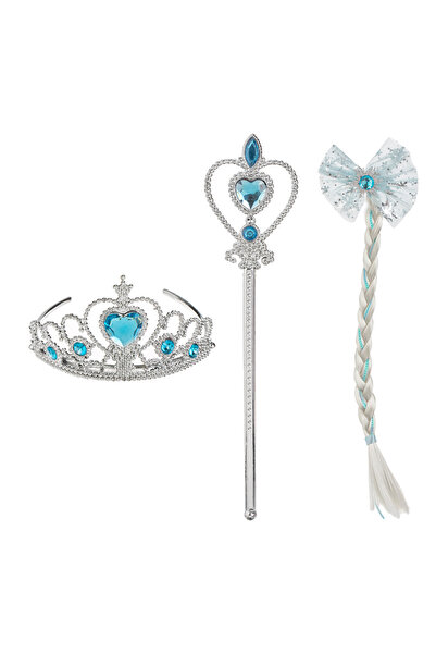 Zumzeria Silver Tiara Stick Set & Clip with White Tail Bow Snowflake Blue Sto...