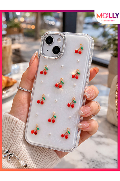 Molly iPhone 15 PLUS İçin Cherry Pearl Luxe Şeffaf Işıltılı Kiraz Desenli Pre...
