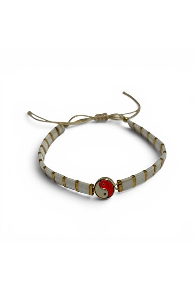 DEHNA White - Gold Yellow Tila Bead Unisex Bracelet with Ying Yang Figure, Ad...