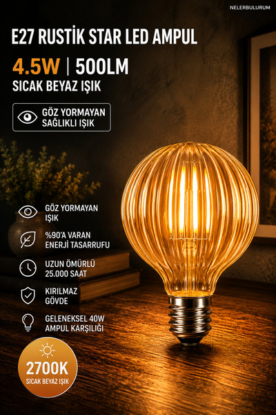 nelerbulurum 1 ADET E27 500 Lümen 4.5W AMBER RUSTİK AMPUL AVİZE APLİK MASA LA...