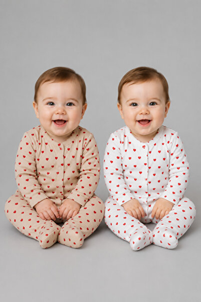 My Babies Label Kız Bebek 2’li Kalp Desenli Pamuklu Kumaş Tulum