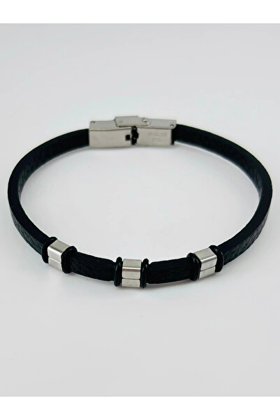 eco port Black Leather / Steel Men's Leather Bracelet 20 cm - Ebl0096