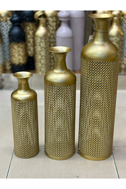 Generic Metal Decorative Golden Color Mesh Design Decorative Vase Set of Thre...