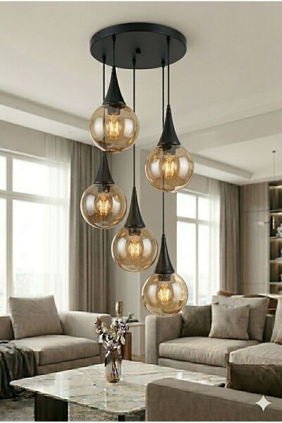 VENON Elora 5.li Sarkıt Yuvarlak ✨SİYAH ✨ BAL GLOP CAMLI ✨ Salon Avizesi Mode...