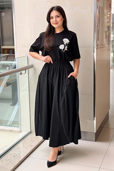 Ghisa Elastic Waist Zipper Detailed Flared Skirt