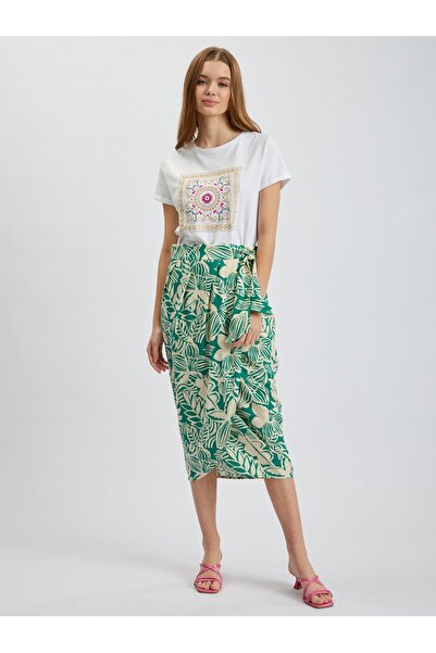 ORSAY Cream and green women's patterned wrap midi skirt with linen blend