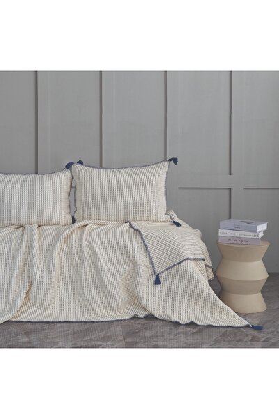 Dantela Drina 100% Cotton Double Tasseled Muslin Bedspread & Pique Set Indigo